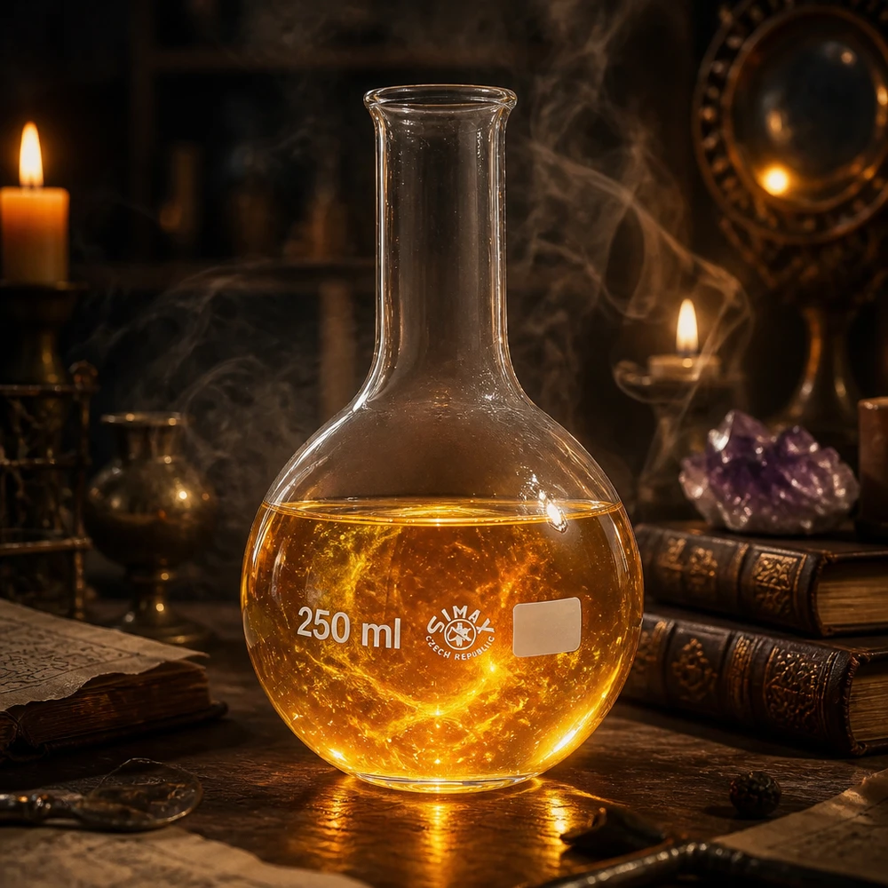 Stehkolben 250ml Enghals Rundkolben 250ml Enghals gefüllt mit orangefarbener Flüssigkeit in mystischer Atmosphäre
