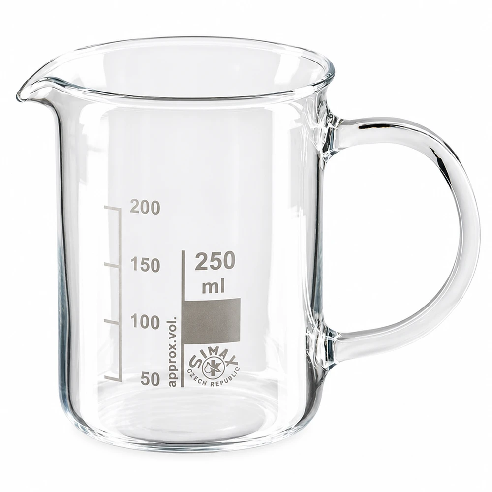 Griffbecherglas 250ml aus klarem Borosilikatglas mit eingedruckter Volumenskala und Ausguss
