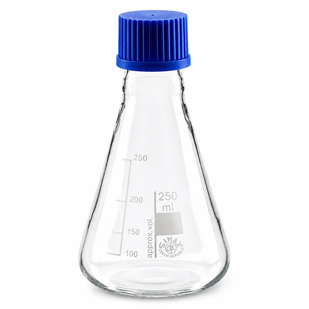 Erlenmeyerkolben 250ml mit Schraubkappe Erlenmeyerkolben Weithals 250ml mit Milliliter-Markierung für exakte Dosierung im Labor