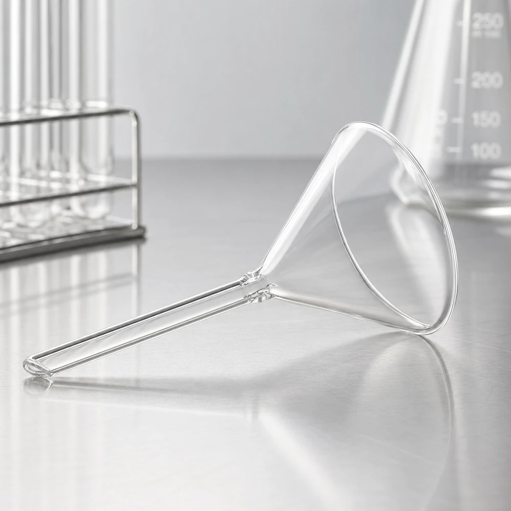 Trichter ø70mm Kalk-Soda, Winkel 60°, Kurzstil Professioneller Kurzstiel-Trichter 70mm Öffnung aus transparentem Kalk-Soda-Glas für Analytik