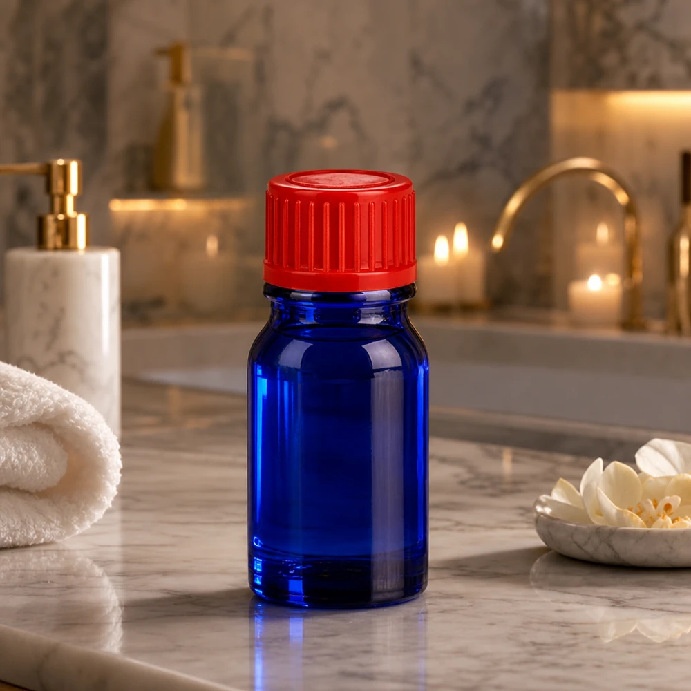 Hochqualitative 5ml UT18/5 Flasche aus blauem Glas mit zuverlässigem roten Standardverschluss