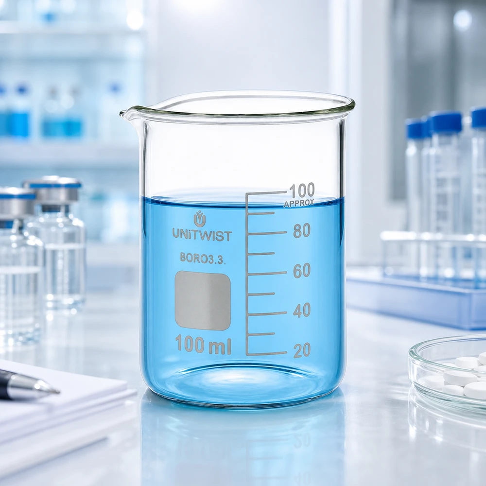 Becherglas 100ml Borosilikat, niedrige Form UNiTWIST UNiTWIST Laborbecherglas 100ml Boro 3.3 mit weißer Skala und Etikettierfeld
