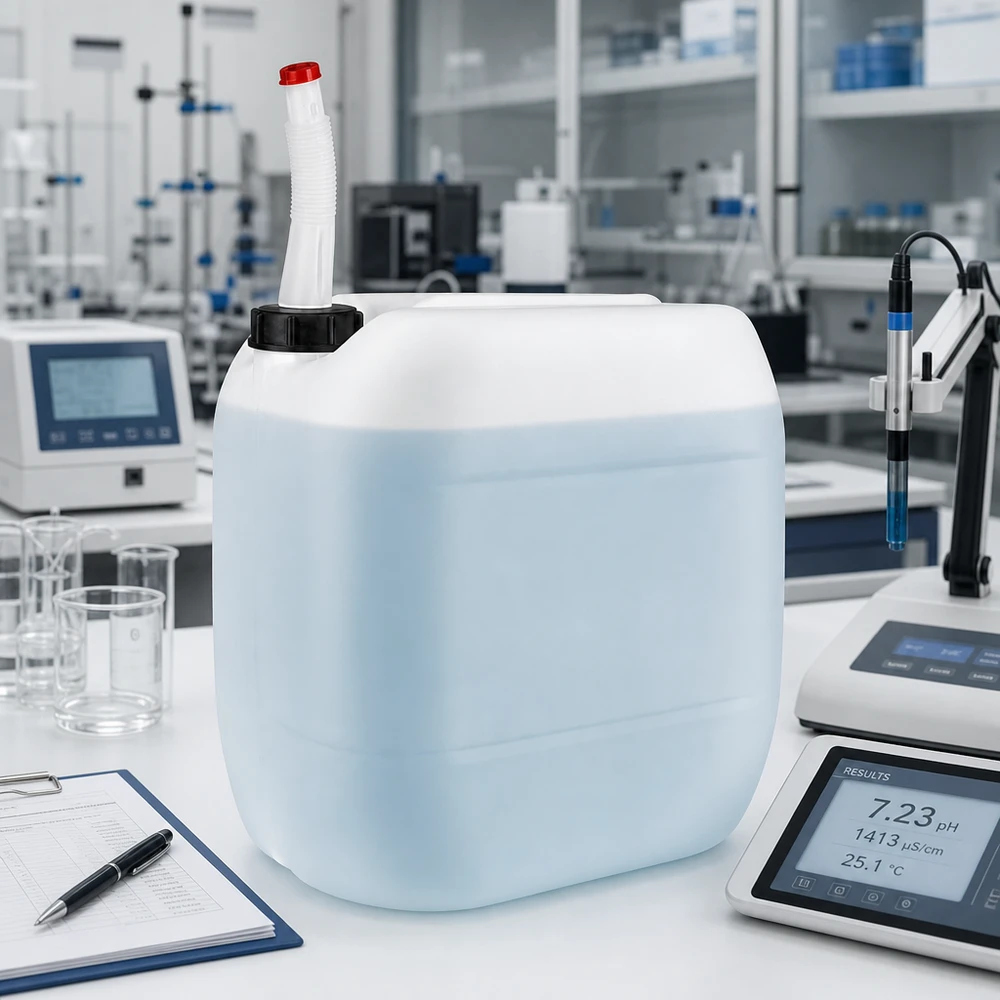 Kanister 30 Liter mit Auslaufrohr Flex 30 Liter Kanister mit Auslaufrohr für Laborchemikalien neben Messgeräten und Protokoll