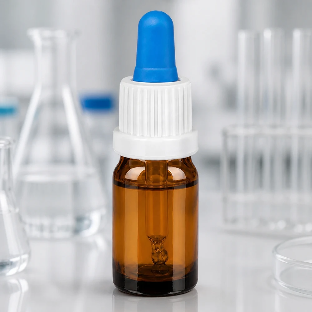Kompakte Glasflasche 5ml braun mit hygienischem Tropfsystem für sterile Lösungen