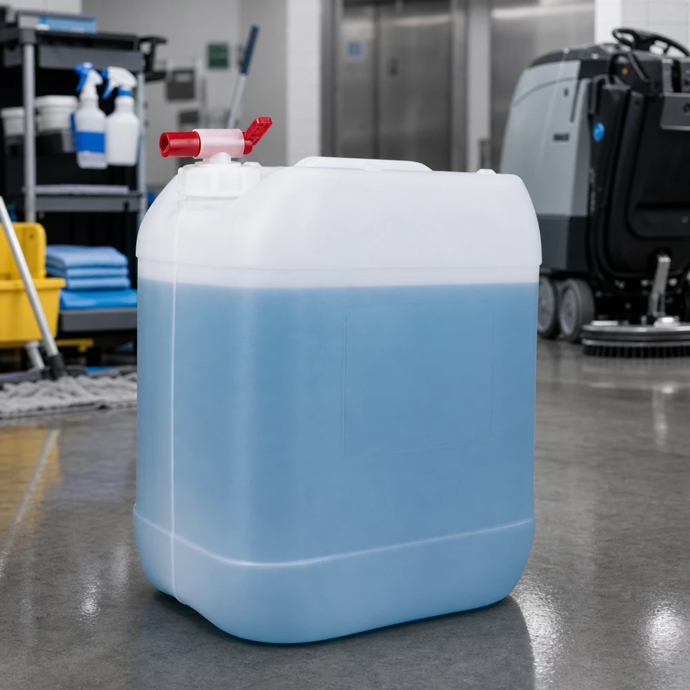 Quadratischer 20 Liter Kanister mit blauem Inhalt und Ablasshahn für den Profibereich