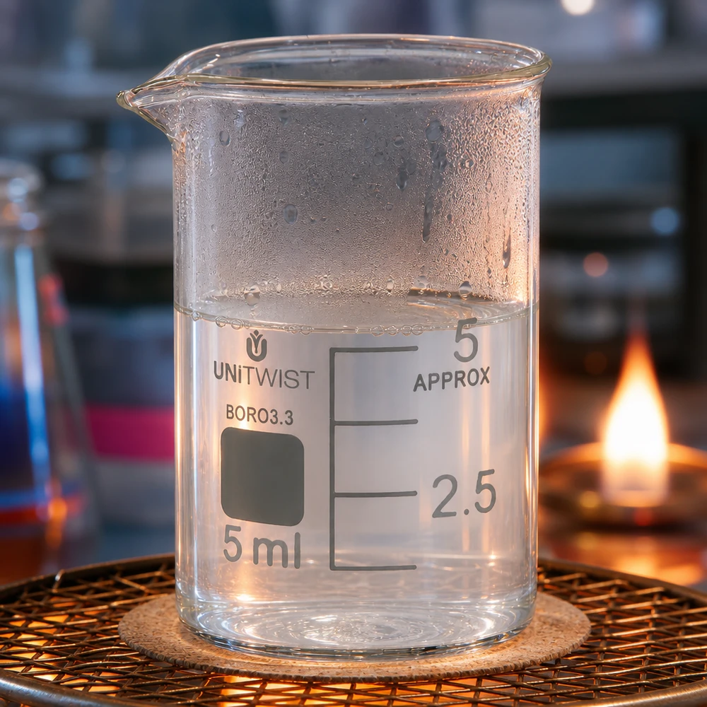 Becherglas niedrige Form 5ml Borosilikat UNiTWIST auf Keramikfasernetz mit Flamme