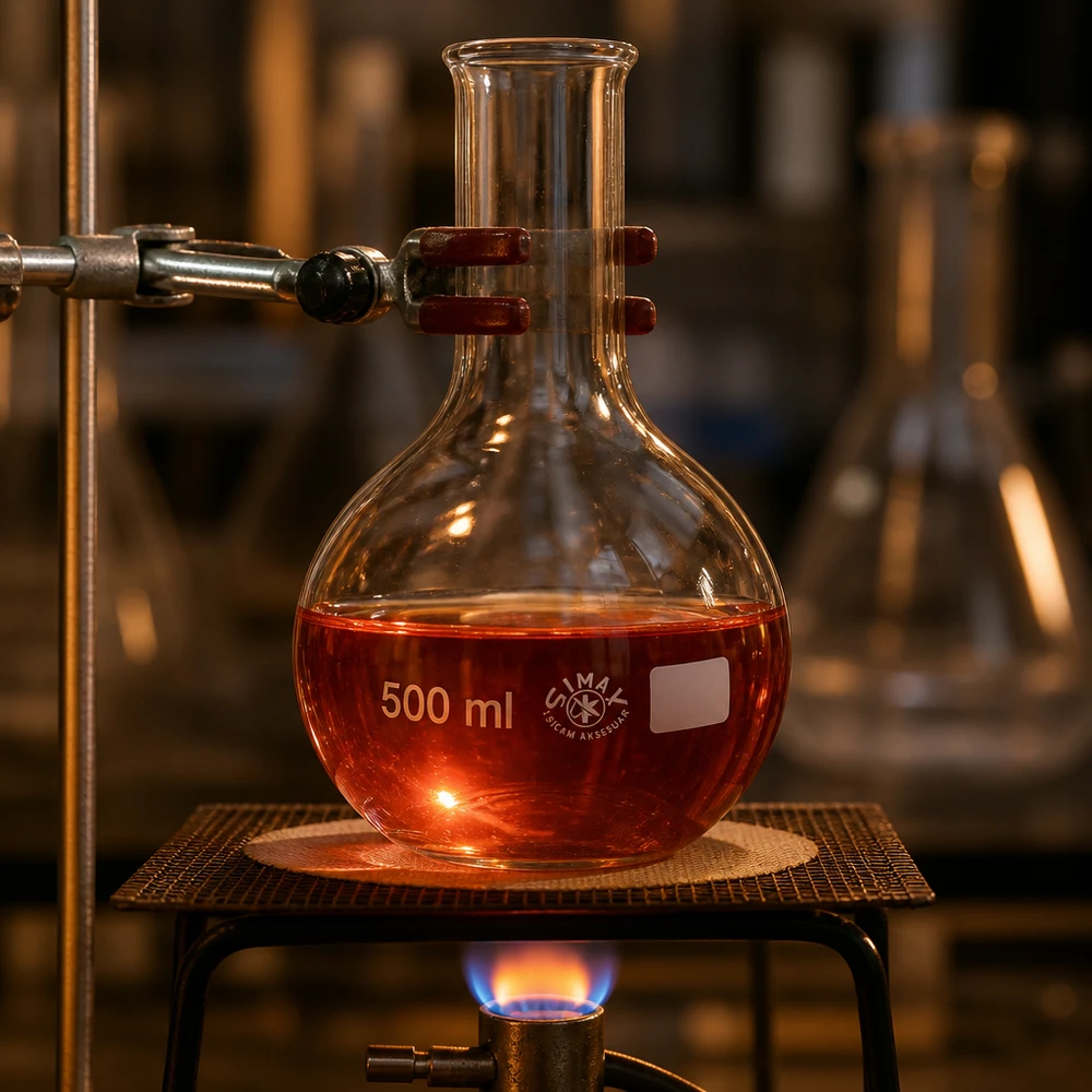 Laborkolben 500ml Enghals beim Heizvorgang mit charakteristischem bauchigen Design