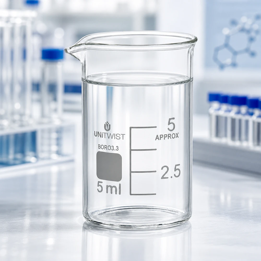 Laborbecher aus klarem Borosilikat 3.3 von UNiTWIST 5ml niedrige Form vor Reagenzgläsern