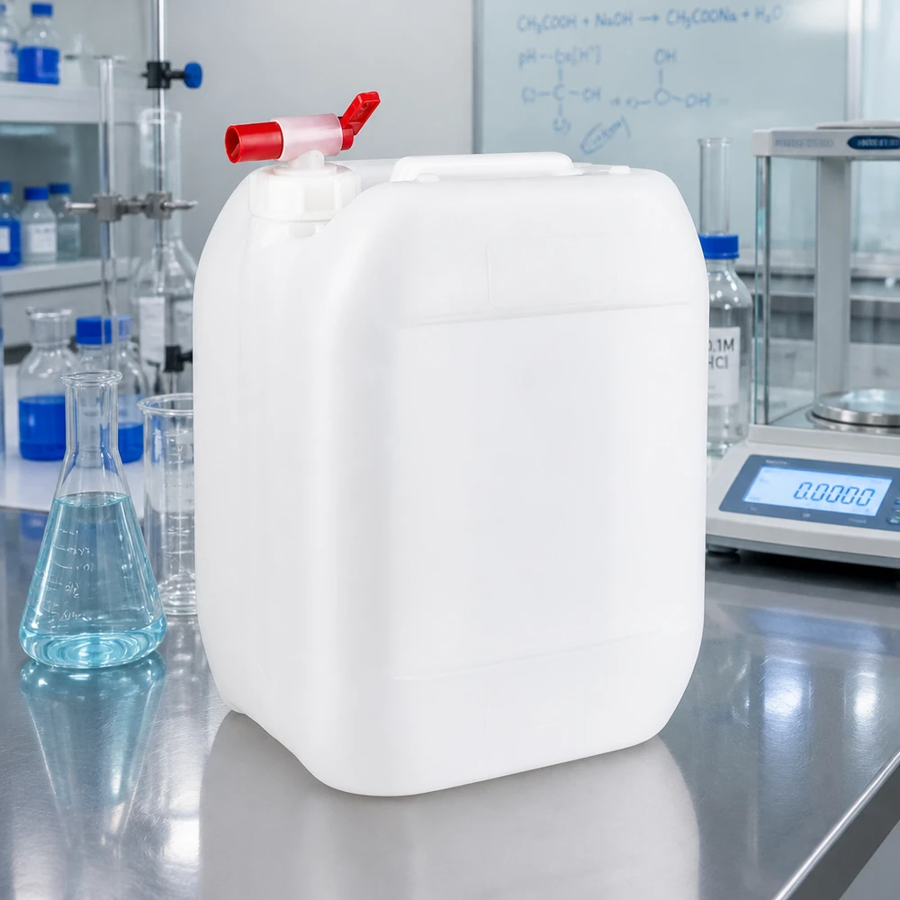 Stapelbarer HDPE Kanister 10 Liter mit rotem Absperrhahn für chemische Flüssigkeiten