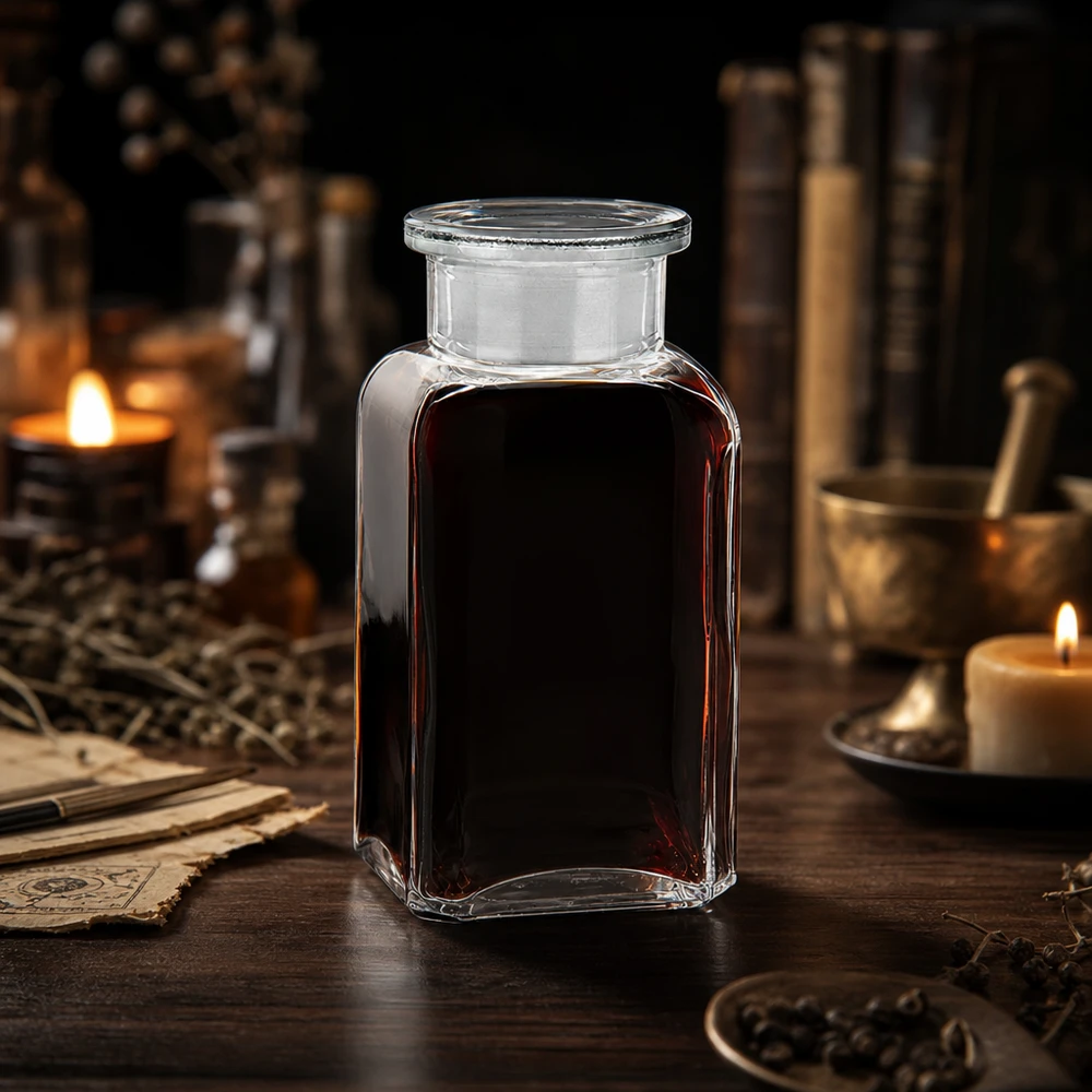 Rechteckige Laborflasche 100ml transparent mit Glasstopfen für Tinkturen und Destillate