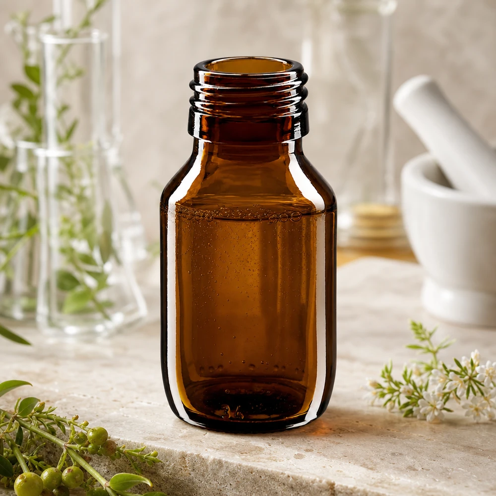 50ml Medizinflasche braun, ohne Verschluss PP28 ApoGlas Nachhaltige 50ml Medizinflasche aus recycelbarem Braunglas PP28 Thread ApoGlas Design