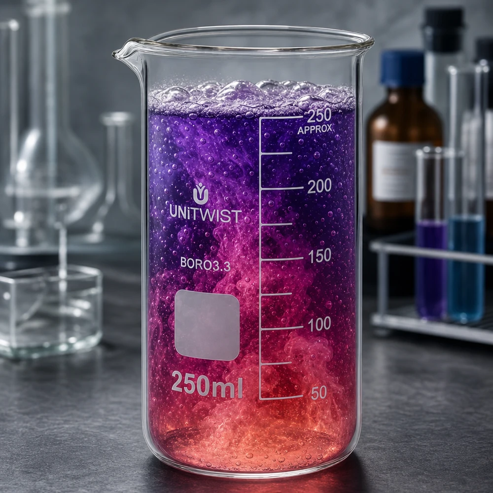 Borosilikat Glas Becherglas 250ml hohe Form neben Reagenzgläsern und Laborflaschen