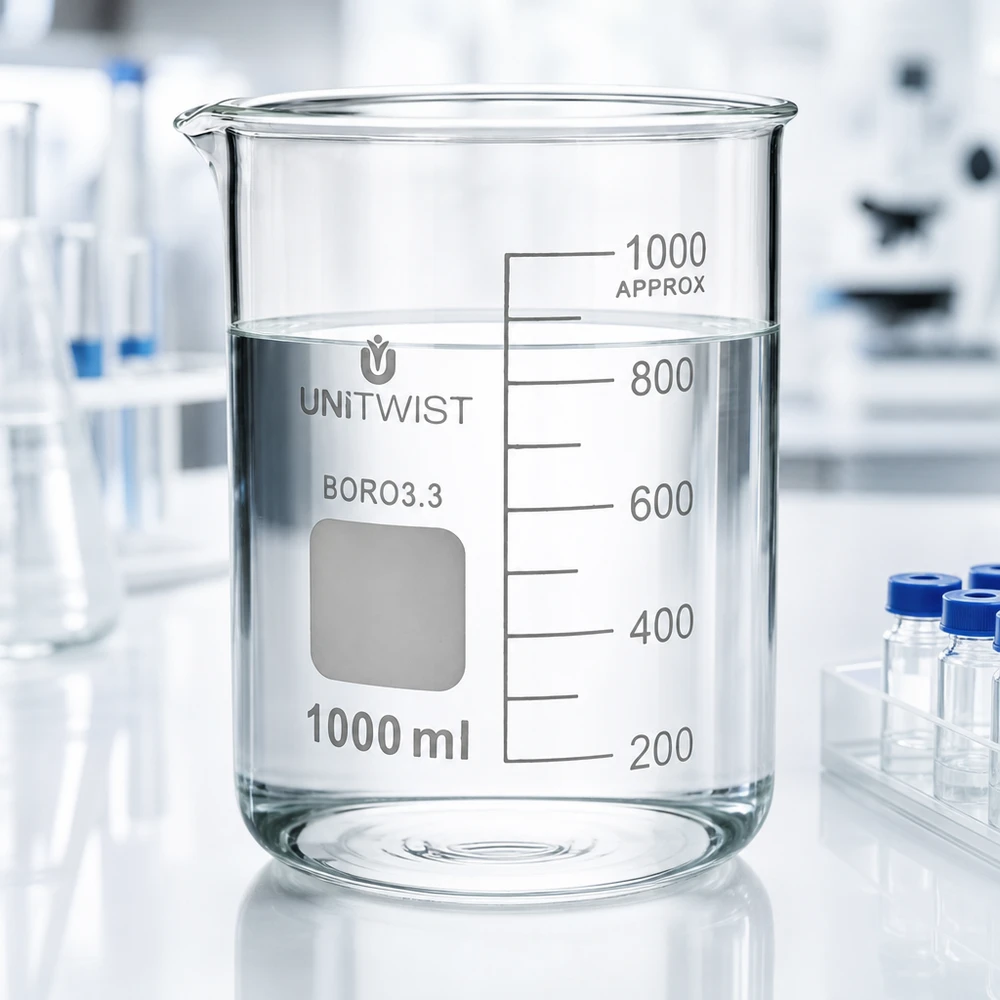 UNiTWIST Becherglas 1000ml Borosilikat niedrige Form neben Mikrotiterplatten im Reinlabor