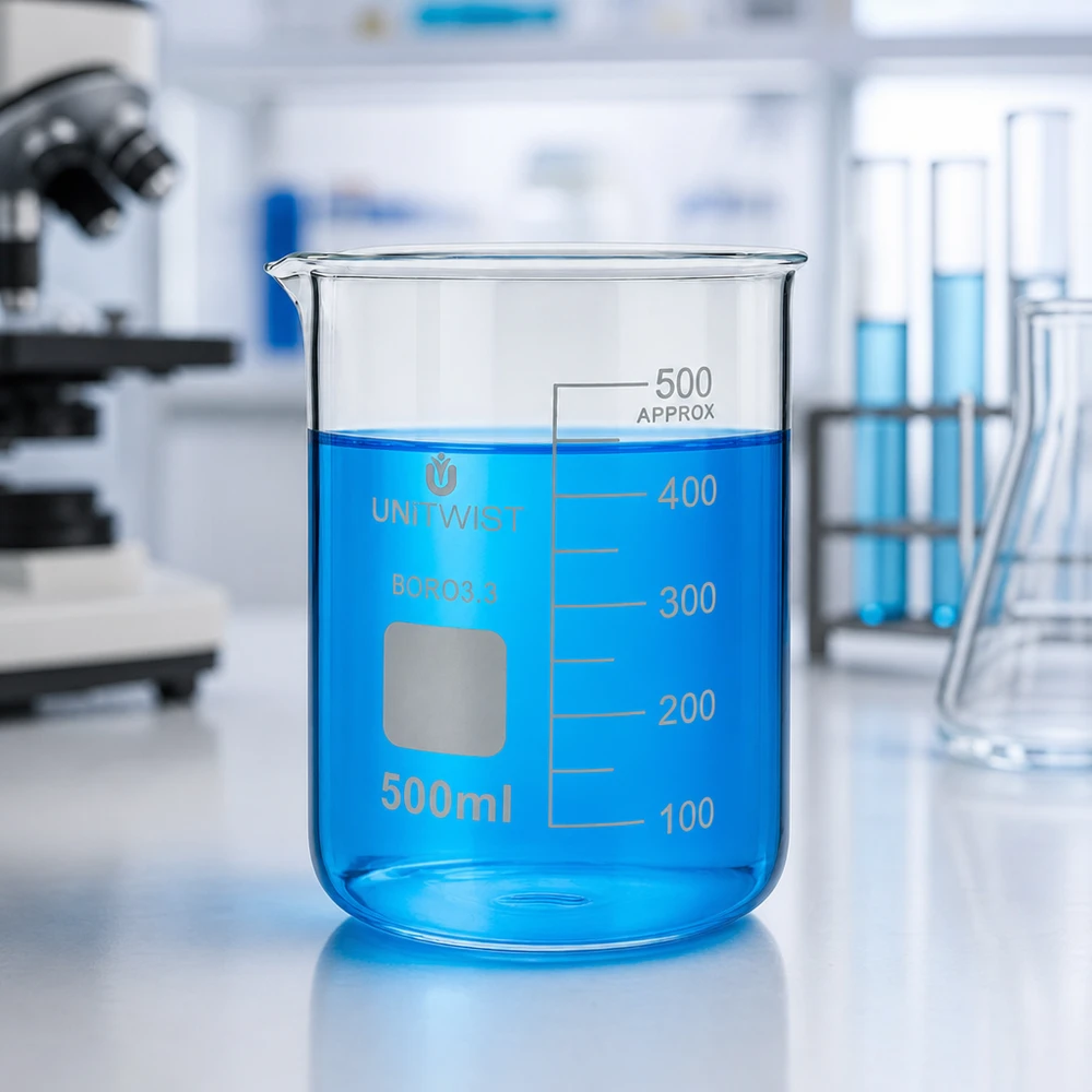 UNiTWIST Becherglas 500ml Borosilikat mit präziser 100ml Skaleneinteilung im Laborumfeld