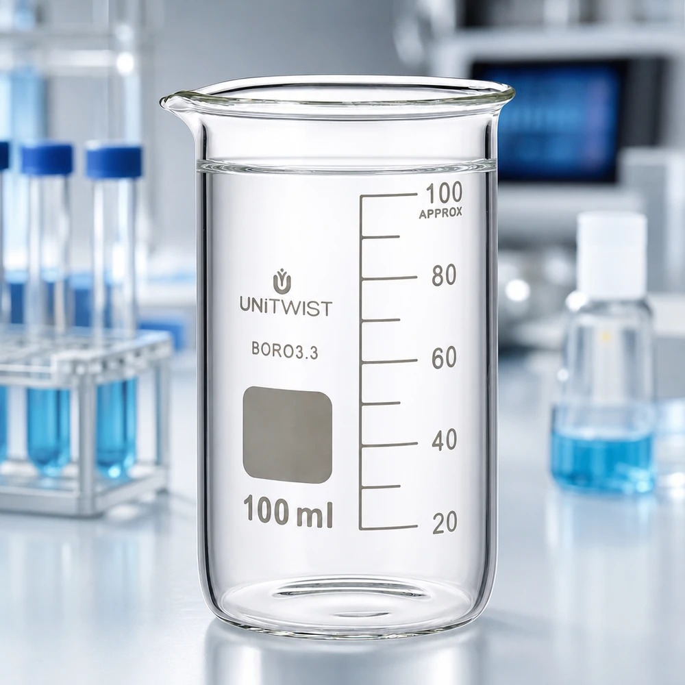 UNITWIST Becherglas 100ml hohe Form Borosilikat 3.3 mit klarem Glasboden auf Laboroberfläche