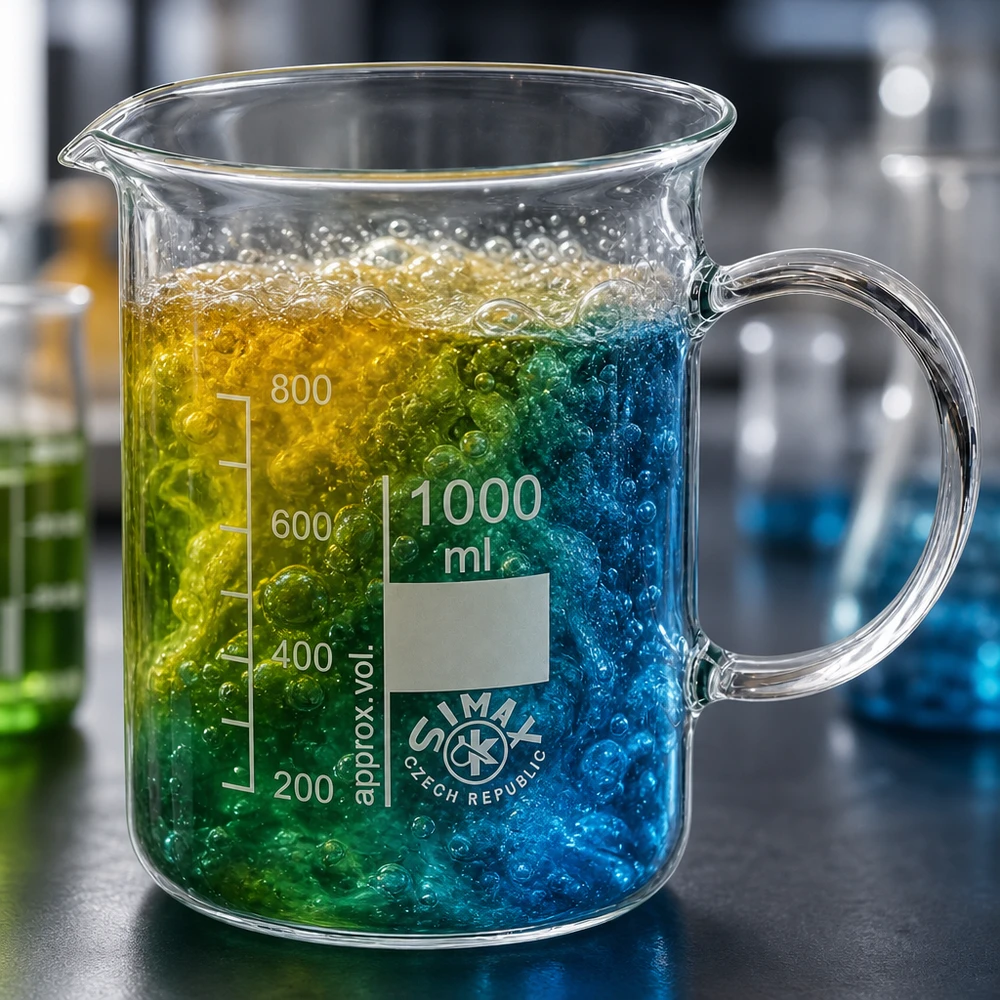 Becherglas 1000ml Borosilikatglas, mit Henkel Simax Becherglas 1000ml mit Ausgussschnabel Henkel und lebhaft sprudelndem Flüssigkeitsgemisch