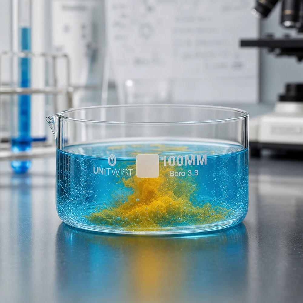 Kristallisierschale 100mm Borosilikatglas UNiTWIST Reaktionsgefäß Farbkontrast blau orange