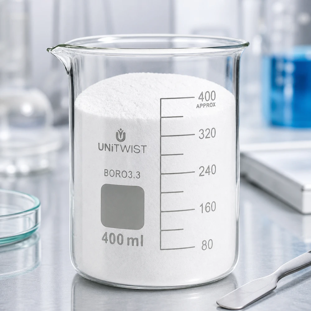 UNiTWIST Becherglas 400ml BORO3.3 niedriger Form mit Laborzubehör auf Edelstahltisch