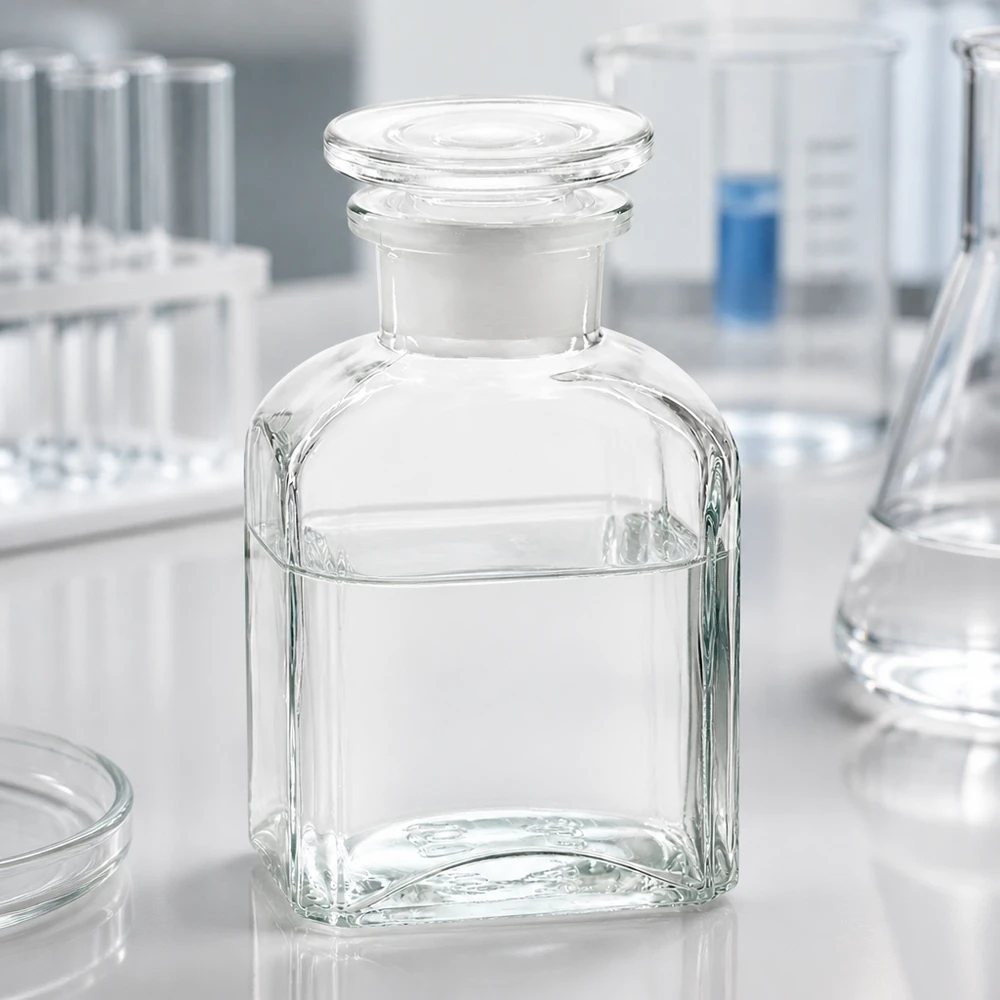 Klare Weithalsflasche 150ml mit ebenem Glasstopfen für sichere Lagerung von Chemikalien