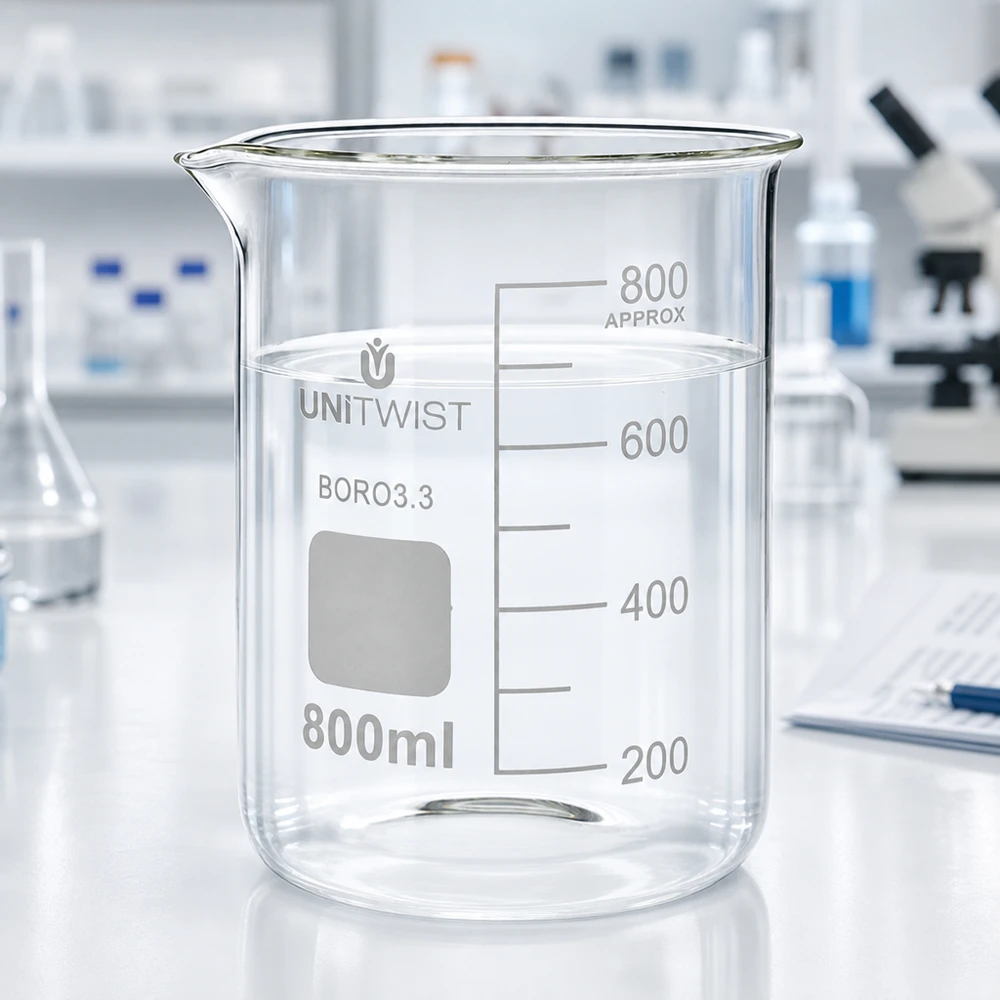 UNiTWIST Laborbecherglas 800ml niedrige Form hitzebeständiges Borosilikat 3.3 mit Mikroskop