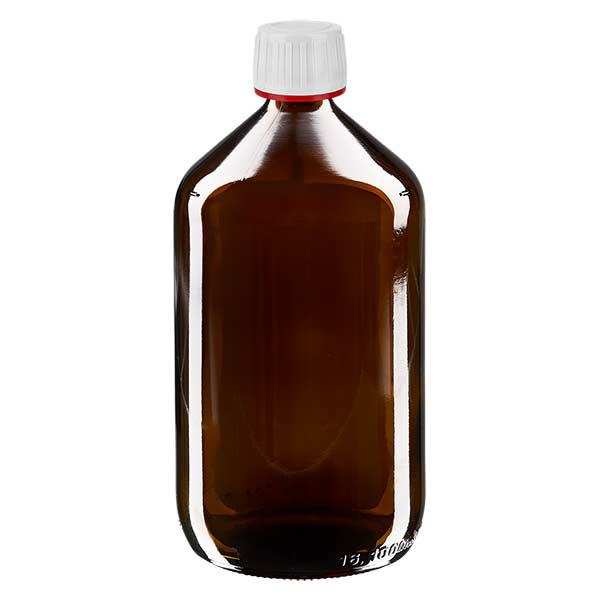1000ml Medizinflasche braun, Verschluss weiß mit Originalitätsring rot ApoGlas 1000ml Medizinflasche braun, Verschluss weiß mit Originalitätsring rot ApoGlas