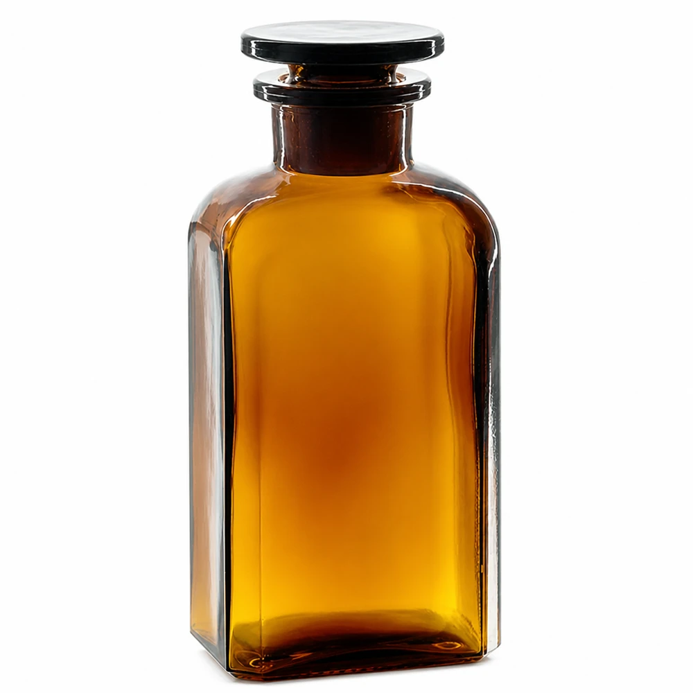 Braunglas Vorratsflasche 250ml Vierkant Weithals mit flachem Glasstopfen