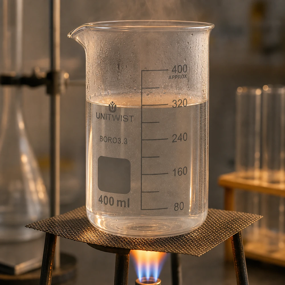Siedendes Wasser im 400ml Becherglas hohe Form Borosilikat UNITWIST mit sichtbarer Skala