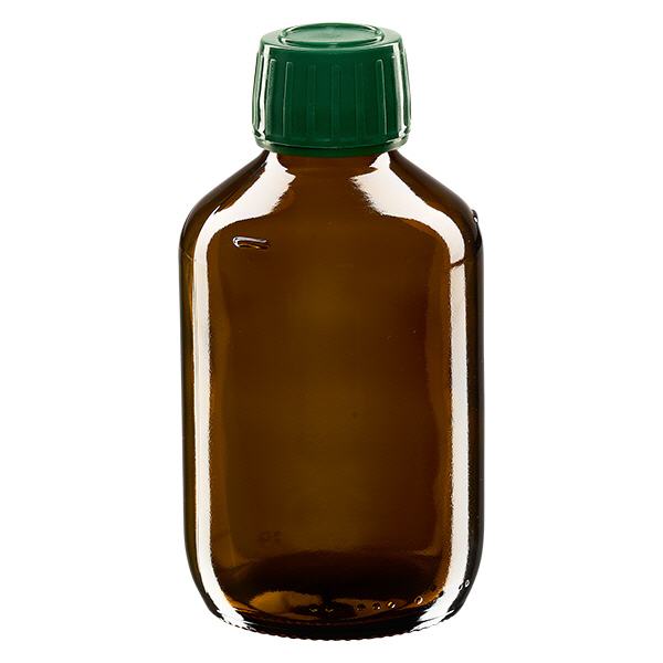 200ml Medizinflasche braun, Verschluss grün mit Originalitätsring ApoGlas 200ml Medizinflasche braun, Verschluss grün mit Originalitätsring ApoGlas