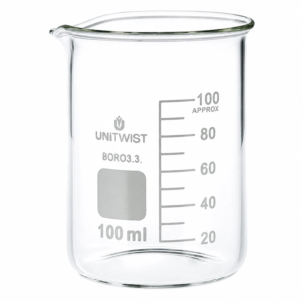 Becherglas 100ml Borosilikat, niedrige Form UNiTWIST UNiTWIST Laborglas 100ml niedriger Becher aus Borosilikat 3.3 mit Beschriftungsfeld