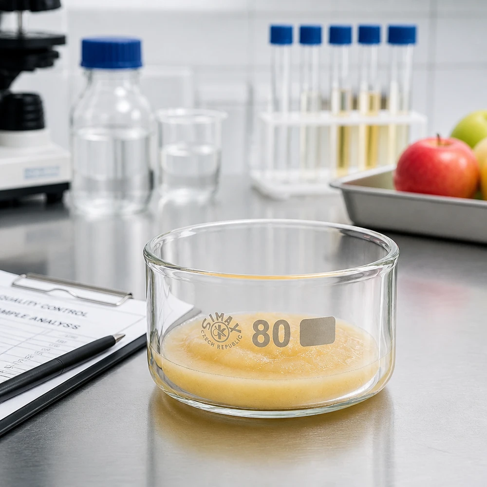 Niedrige zylindrische Glasschale SIMAX 80mm Durchmesser mit cremefarbener Substanz im Labor