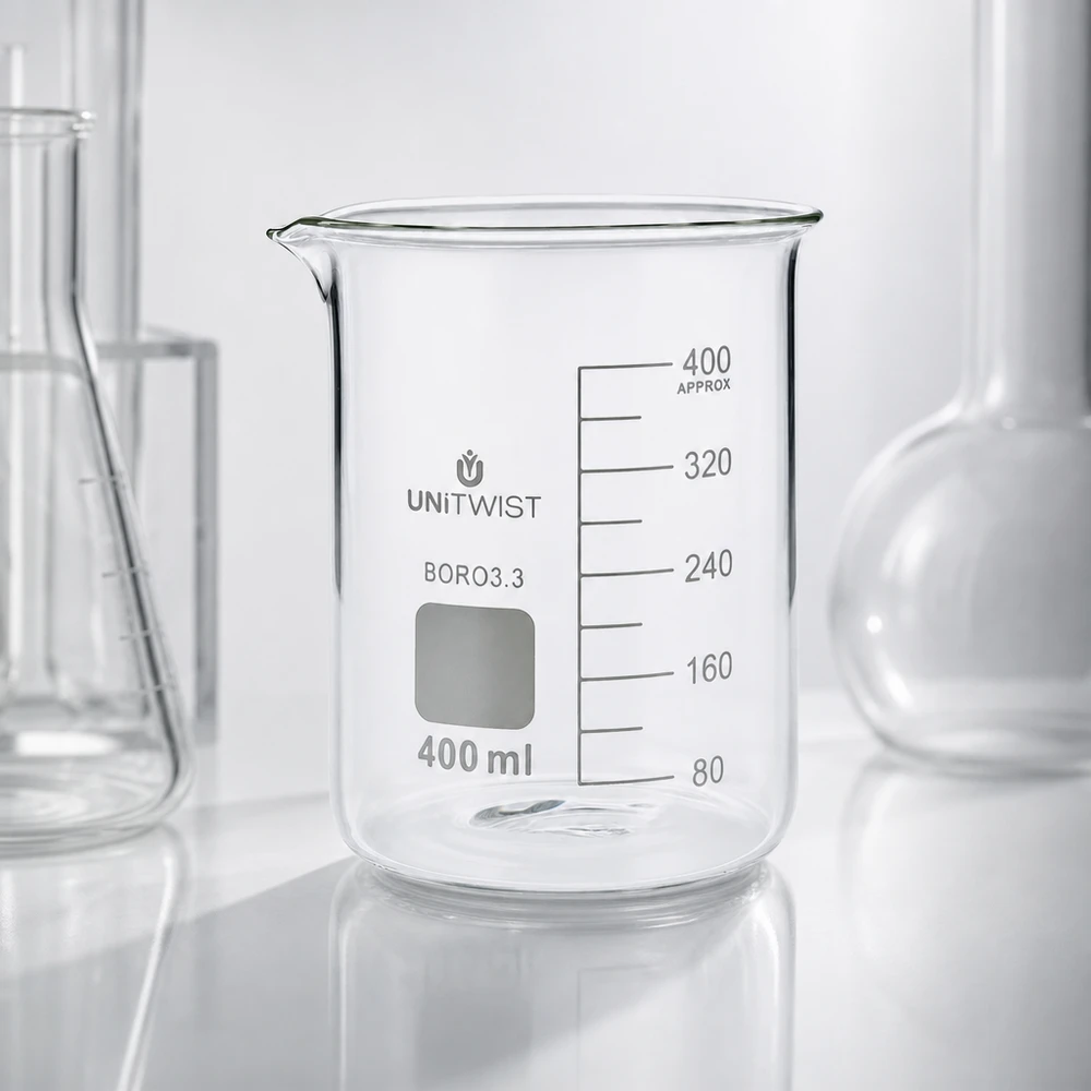 Chemielabor Becherglas 400ml UNiTWIST BORO3.3 mit zylindrischer Form und stabilem Boden