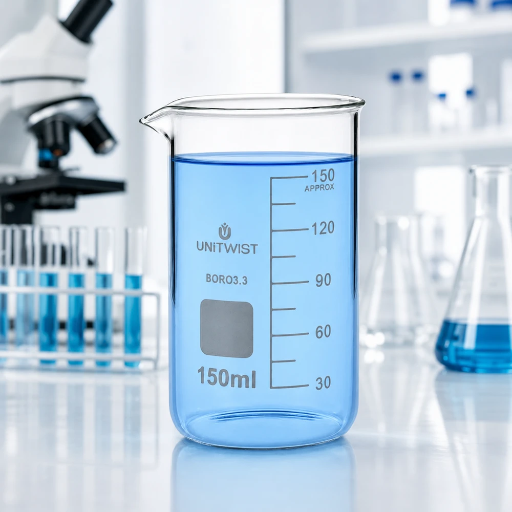 Becherglas 150ml Borosilikat, hohe Form UNiTWIST UNITWIST Becherglas 150ml hohe Form Borosilikat mit Skala neben Mikroskop und Reagenzgläsern