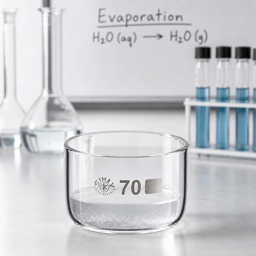 Kristallisierschale 100ml bei Evaporationsexperiment mit ausfallendem Feststoff im professionellen Labor