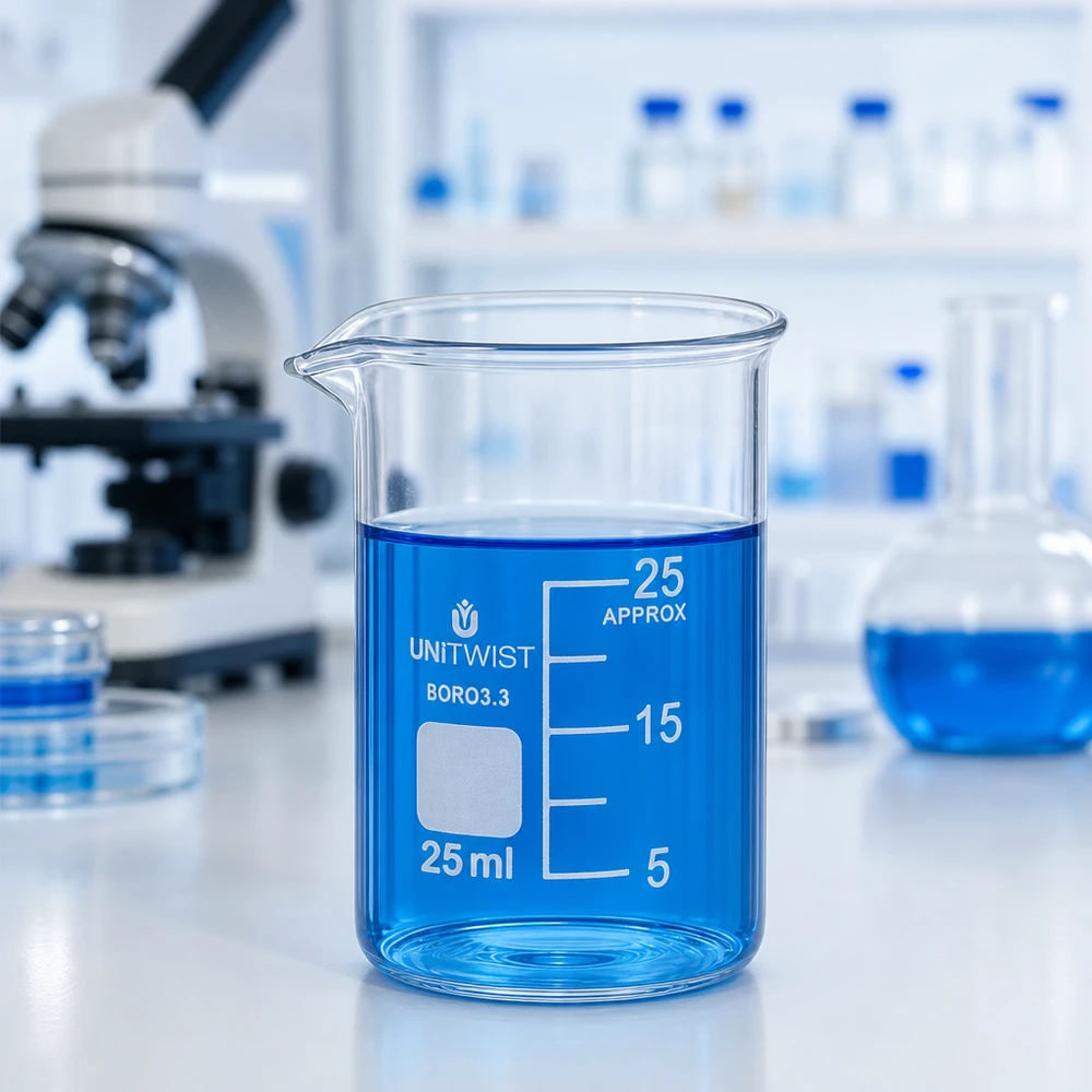 Laboratoriumsbecherglas 25ml niedrige Bauform aus BORO3.3 Glas mit Ausgießer