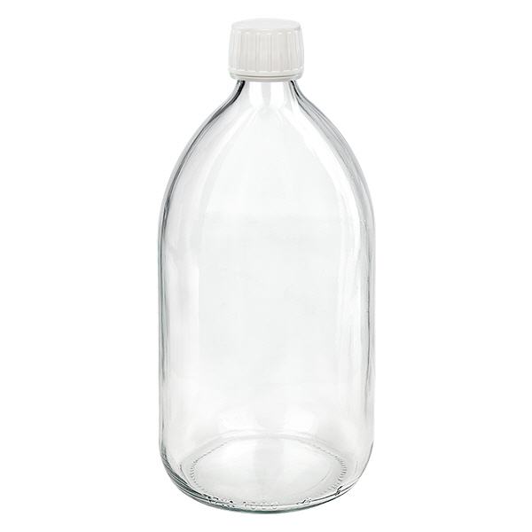 1000ml Medizinflasche klar, Verschluss weiß mit Originalitätsring ApoGlas 1000ml Medizinflasche klar, Verschluss weiß mit Originalitätsring ApoGlas