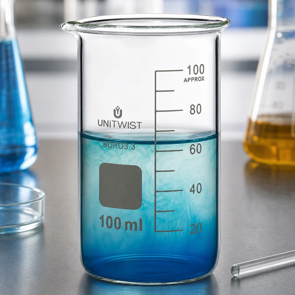 UNITWIST Präzisionsbecherglas 100ml hohe Form laborgeeignetes Borosilikatglas mit Skala