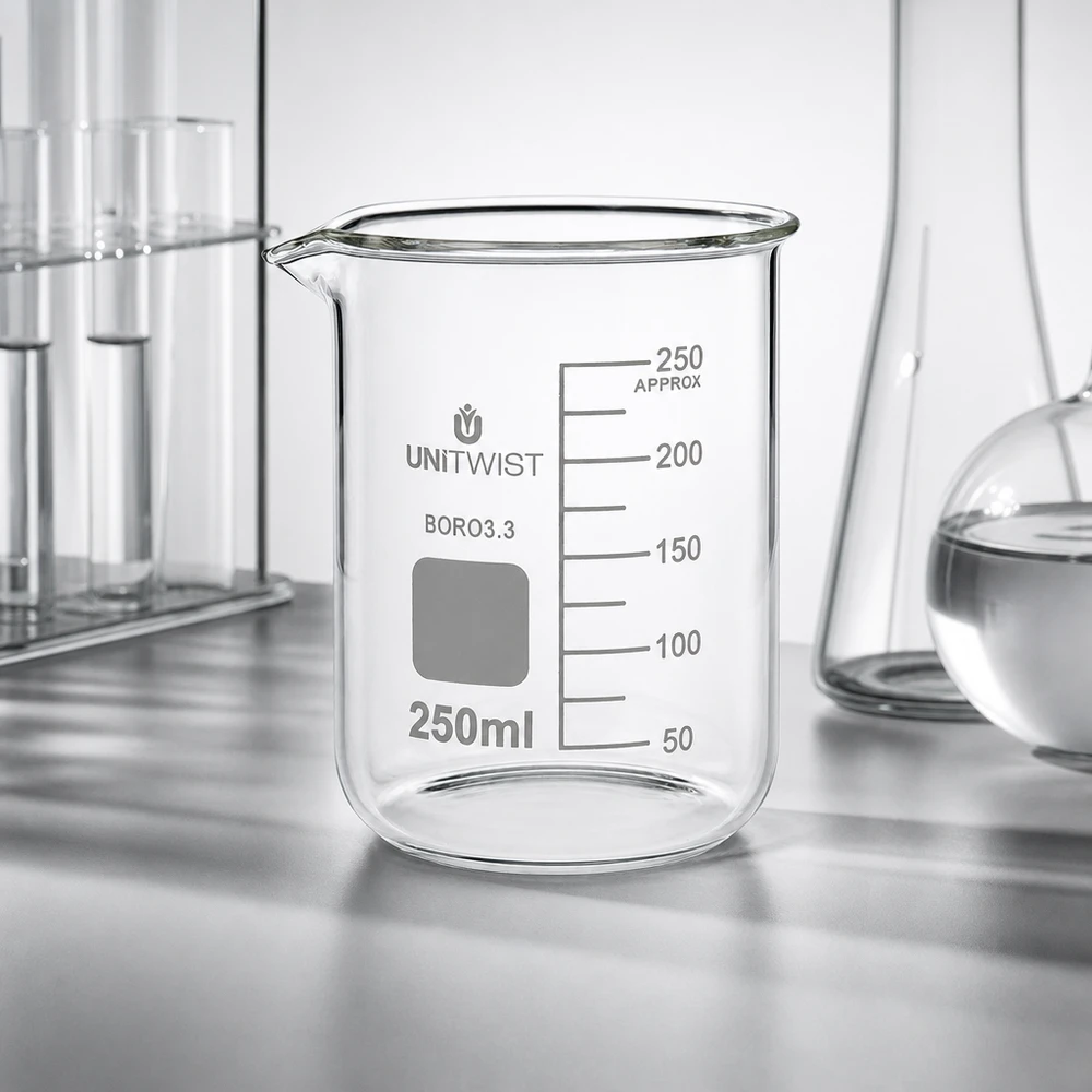 Becherglas 250ml Borosilikat, niedrige Form UNiTWIST Borosilikat Becherglas UNiTWIST 250ml niedrige Form mit quadratischem Beschriftungsfeld