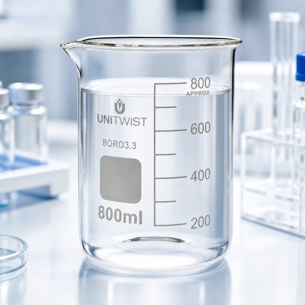 Professionelles Laborbecherglas 800ml niedrige Form aus hitzebeständigem Borosilikatglas UNiTWIST