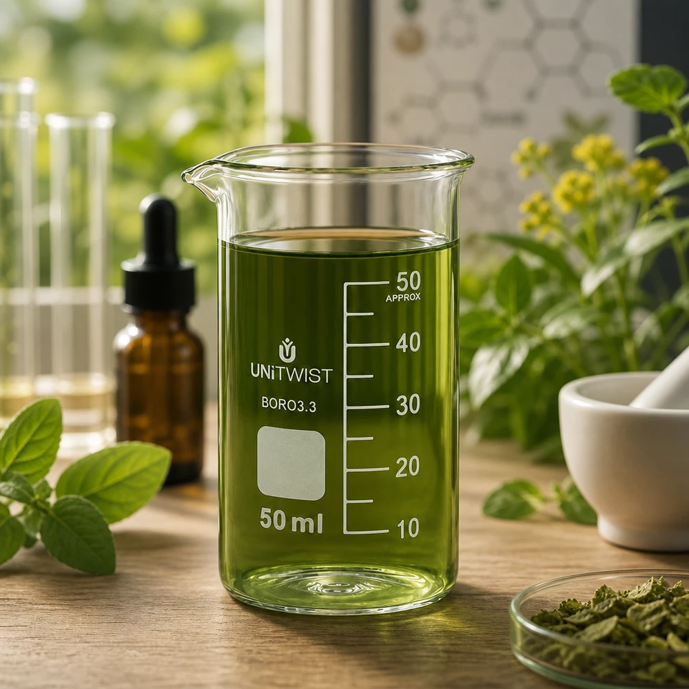 Graduiertes Becherglas hohe Form 50ml Borosilikat UNITWIST mit pflanzlichem Öl und Kräuterzubehör