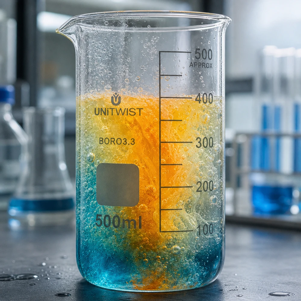 Transparentes Laborglas 500ml hohe Form mit sprudelnder orange-türkiser Flüssigkeit