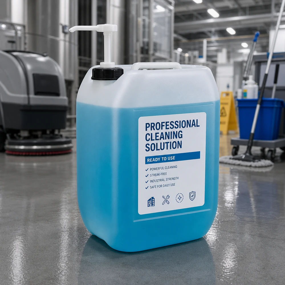 Industriestärke Reinigungsmittel 10 Liter Kanister mit Pumpe neben Wischmopp und Reinigungswagen