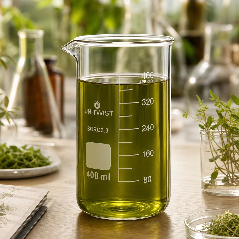 Transparentes Laborglas 400ml hohe Form mit grünem Extrakt neben frischen Heilkräutern und Notebook