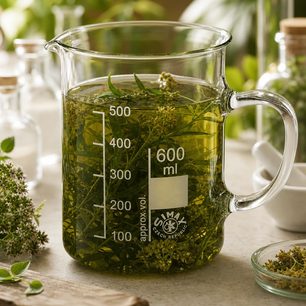 Becherglas 600ml Borosilikatglas, mit Henkel Becherglas Simax 600ml mit Henkel und Skalierung bis 500ml für Naturkosmetik und Extrakte