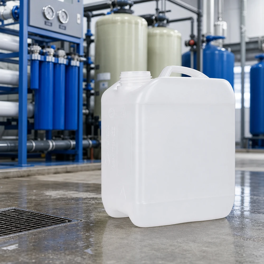 Zwei weiße 2,5 Liter Kanister ohne Verschluss in professioneller Wasseraufbereitung