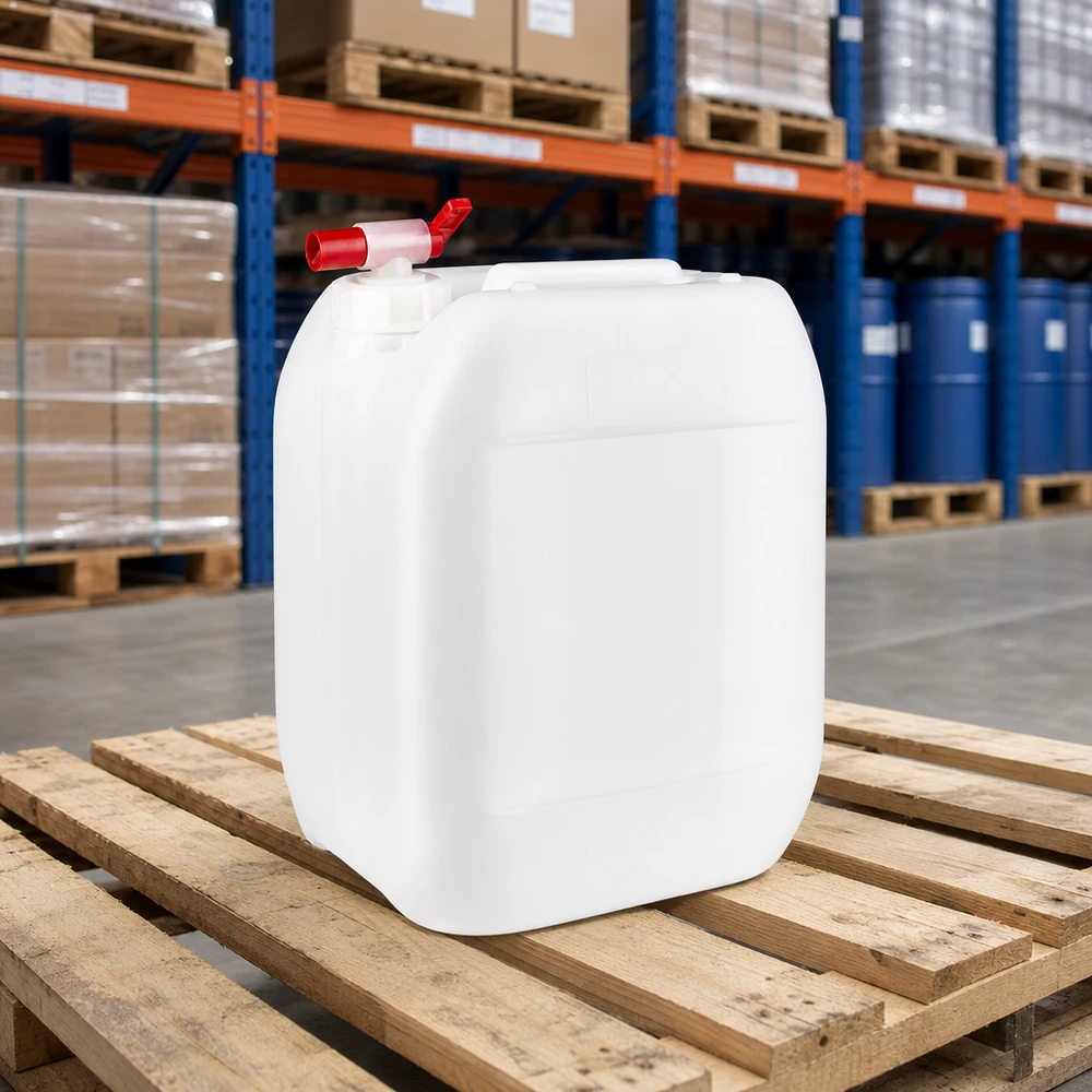 Kanister 10 Liter mit Auslaufhahn Quaderförmiger Industriekanister 10L mit integriertem Ablasshahn für sichere Chemikalienlagerung
