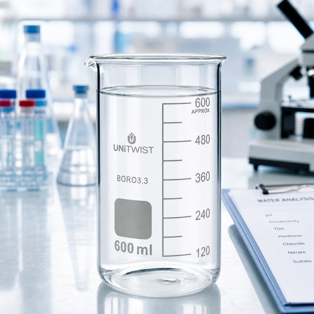 Becherglas 600ml Borosilikat, hohe Form UNiTWIST Becherglas 600ml hohe Form aus BORO3.3 Borosilikatglas von UNITWIST für chemische Analysen