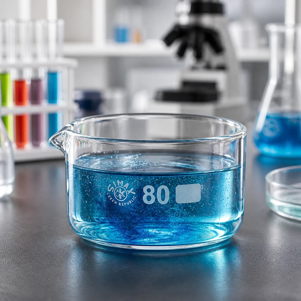 Hitzebeständige Kristallisierschale 150ml mit Ausguss neben Mikroskop und Reagenzgläsern ø80mm
