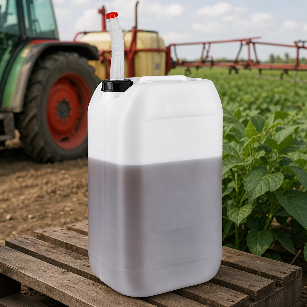 Kanister 15 Liter mit Auslaufrohr Flex Robuster Feldkanister 15L mit roter Ausgießerkappe und schwarzem Verschluss auf Holzpalette