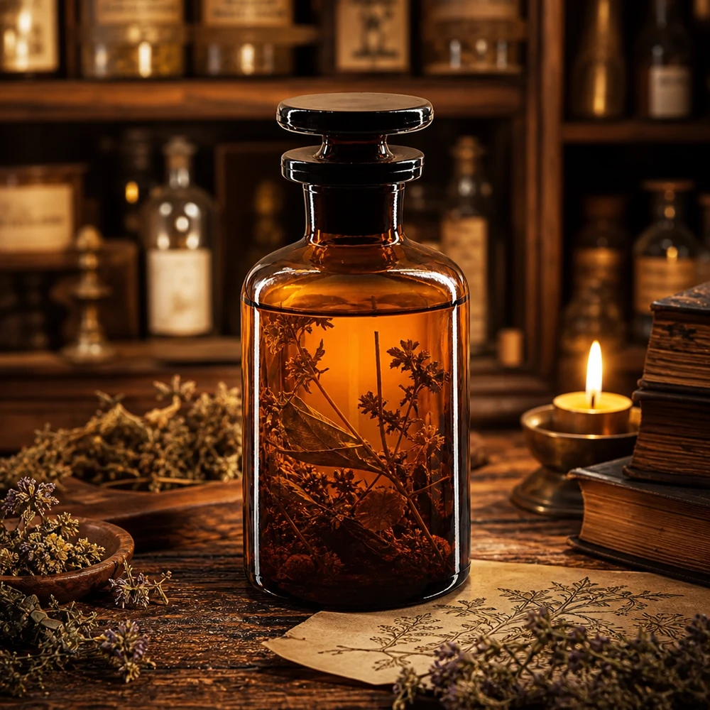 Rundschulterfl. 50ml braun Enghals Glasstopfen Historische Apothekerflasche 50ml braunes Glas Enghals Glasstopfen für Kräutermedizin