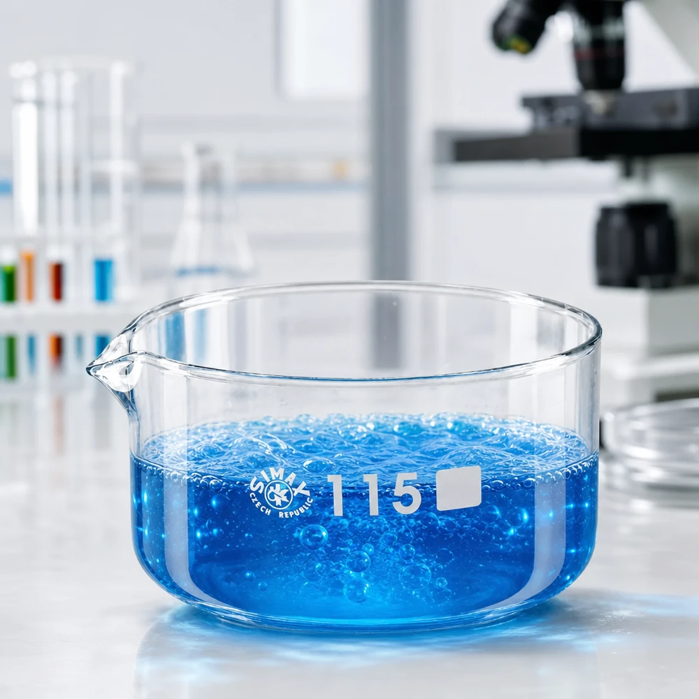 Transparente Kristallisierschale ø115mm mit blauer Flüssigkeit und Blasenbildung 500ml Glasware